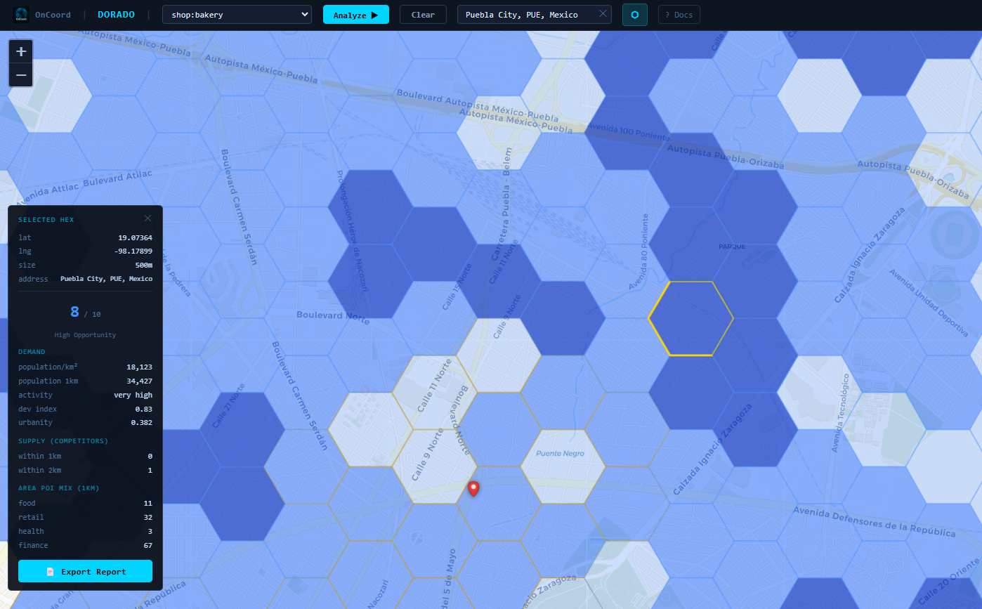 Sofía clicks a bright cell in a residential corridor southeast of the center