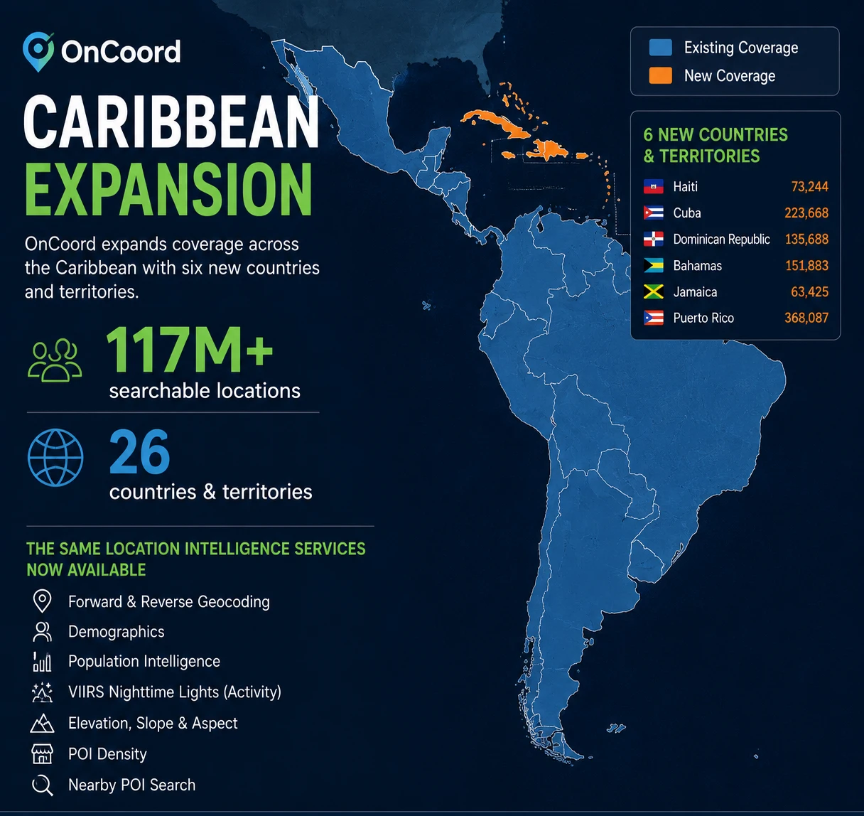 ap showing OnCoord geocoding and location intelligence coverage across the Caribbean