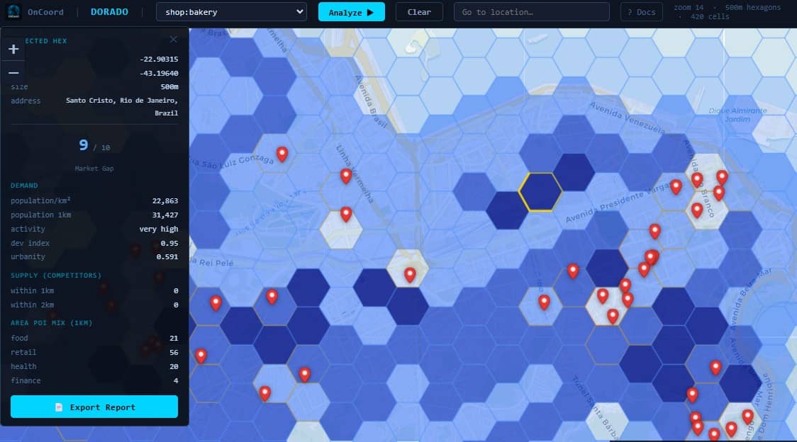 Hexagonal heatmap showing business opportunity scores across a city