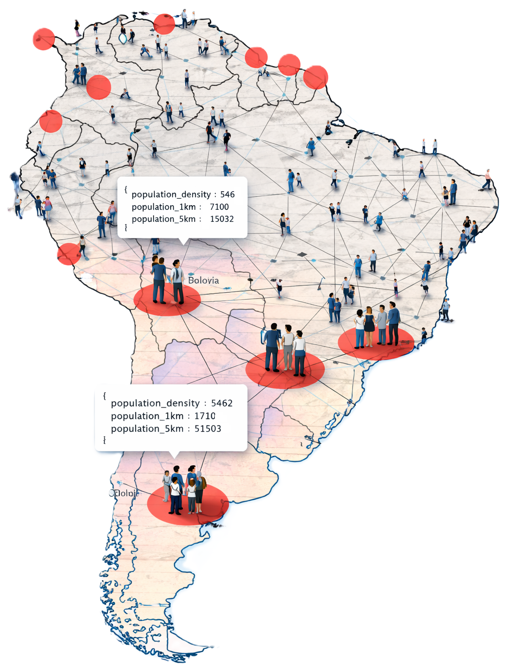 Population density map of Latin America with connected clusters