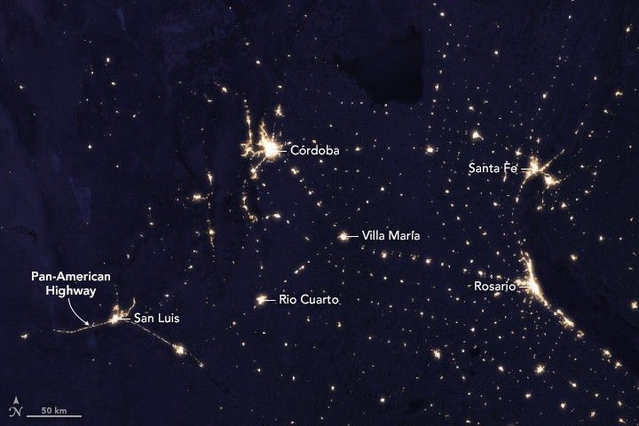 Nighttime lights across Argentina revealing economic activity and development patterns